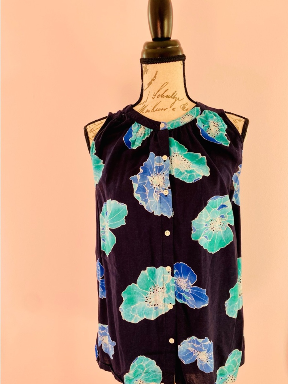 LOFT Navy Sleeveless Button-Front Top with Teal & Blue Floral Motif